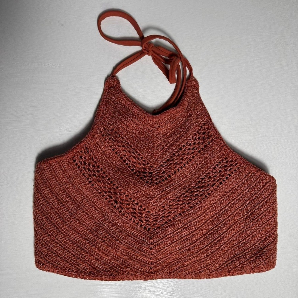 Xhilatipon Crochet High Neck Bikinu Top Buen Orange Strappy Back Swimwear sz Xl‎